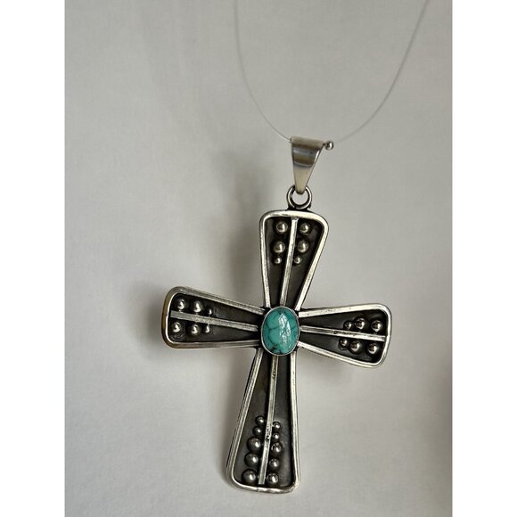 925 Sterling Silver Oxidized & Turquoise Cross Pendant - Picture 14 of 16